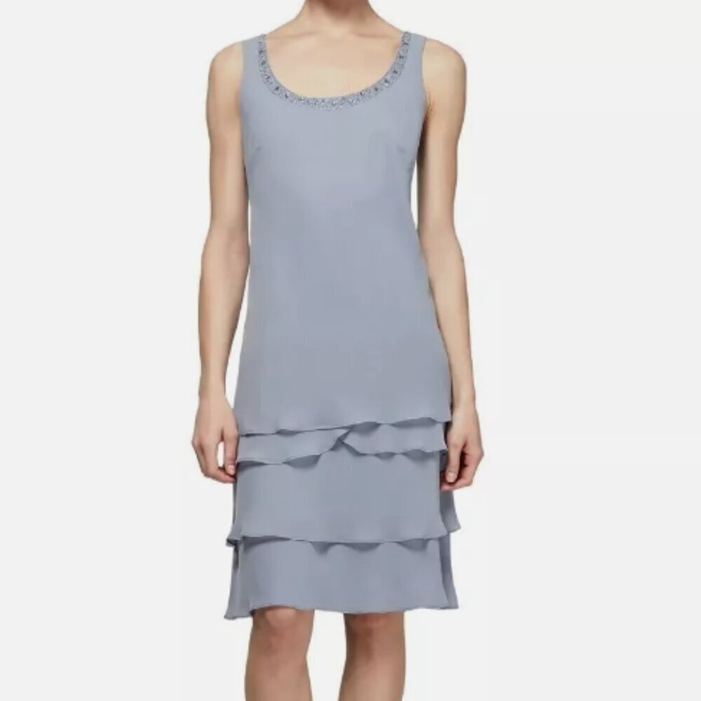 SL Fashions SLNY Women's Concrete Grey Tiered Chiffon Cocktail Dress NWT Size 10